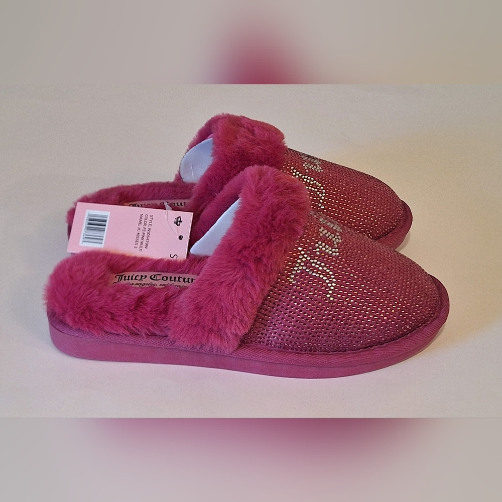 Juicy Couture Kisses Sparkly Embellished Scuff Slippers Faux Fur Pink Small 5-6